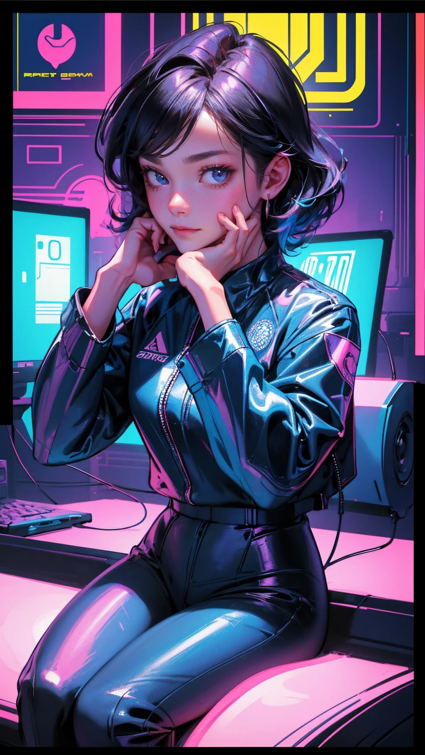 A digital illustration of a nervous young girl with her hands on her face sitting in front of a computer, surrounded by trading charts and stock market symbols. A colorful comic book style drawing in the style of 80s retro poster art with vibrant colors, high contrast, flat shading. The style is cinematic with sharp focus and high resolution with intricate details. The drawing is highly detailed and hyper-realistic in the style of Greg Hildebrandt. A vellum paper print or holographic print with a neon color palette, full girl in one frame, look at camera,