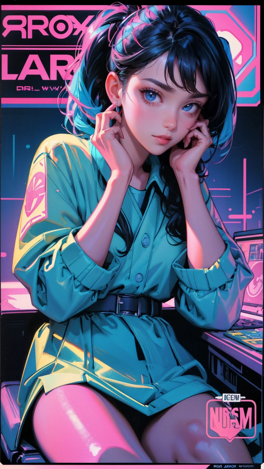 A digital illustration of a nervous young girl with her hands on her face sitting in front of a computer, surrounded by trading charts and stock market symbols. A colorful comic book style drawing in the style of 80s retro poster art with vibrant colors, high contrast, flat shading. The style is cinematic with sharp focus and high resolution with intricate details. The drawing is highly detailed and hyper-realistic in the style of Greg Hildebrandt. A vellum paper print or holographic print with a neon color palette, full girl in one frame, look at camera, 