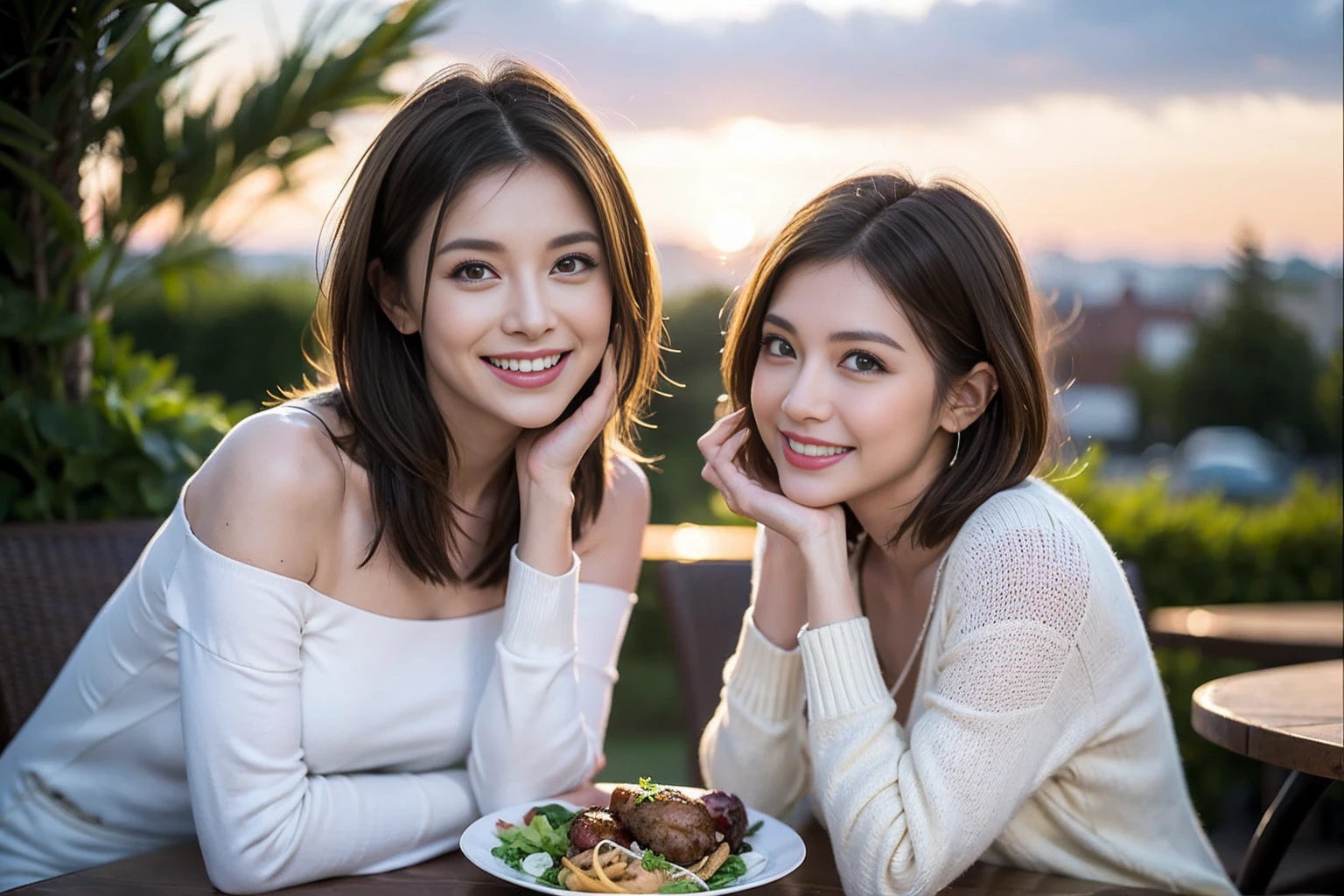 （Realistic:1.1）,(masterpiece,Highest quality)，8k,(45 years old), 42 years old, slimカップル、Model Couple、actress/actor、Tight waist,Upper Body,full-course dinner、wine 、Amazing view of the sunset sky and clouds、Perfect Anatomy, Brown Hair, short hair,Random Hairstyles,((Highly detailed face and eyes:1.2))(cute顔:1.4)，美しいactressの顔，Perfect golden ratio face，Long sleeve shirt、dress,(smile:1.2)、Shortcuts、cute、(Realistic, Intricate details:1.2), A bright smile、short hair,Bright Face、赤wine 、Appetizers、Italian food、wine bottle、Champagne、スパークリングwine、(slimな顔), (The body is slim), (Brown Hair), (Shortcuts),  Upper Body, 白wine, slim, wineグラス, 