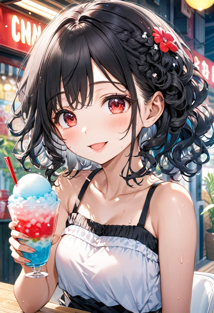 (sweaty skin style), (solo:2, 15 yo), (beautiful detailed curly:1.3), (beautiful detailed black hair long hair) (best beautiful girl, beautiful red eyes, glossy lip, best happy smile:1.1, medium tits), in a cute Off-the-shoulder camisole dress, break, in the japanese Shaved Ice Shop, girl is eating shaved Ice, While using a spoon, BREAK, perfect anatomy, masterpiece, best quality, 16k, beautiful detailed summer, daydreaming expression.