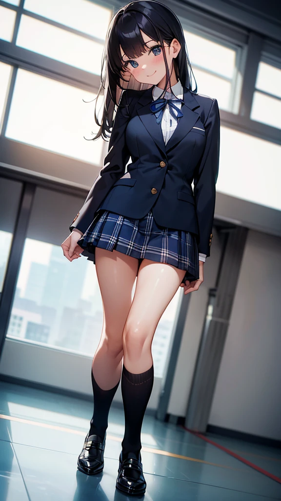 photo of sexy 1girl, tall,leggy,smile,standing in neat rows, in the school gymnasium, wearing NAVY Blazer , long sleeve, WHITE shirt, shiny blue ribbon,pleated tartan_check_mini_skirt, beautiful eyes, shiny black hair,BLACK short socks, full body shot, closeup shot, from front, from below, dutch angle shot, wide view,