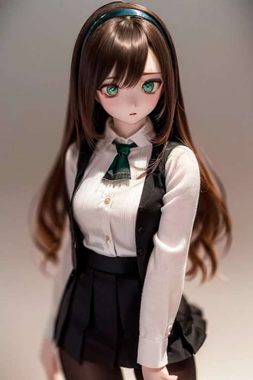 (SFW:2), photorealistic, realistic photo, 8k, ((highest quality)), ((masterpiece)), (extremely detailed), kukolnydom, doll, (mature woman, 22yo, 22 years old, solo:1.6), (cowboy shot, standing, slim, slender, skinny, medium breasts, hairband, ascot, vest, blouse, long puff sleeves, pleated skirt, black pantyhose, green eyes, brown hair, long hair, plastic skin, looking at another, glass eyes, gradient eyes, shining eyes, detailed eyes:1.3)
