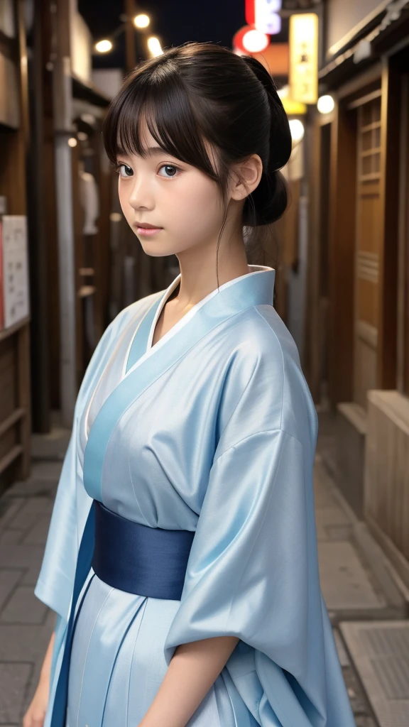 11 year old girl Japanese Light blue kimono dress Realistic Skin Ponytail night Edo streets