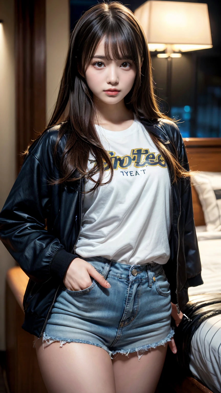 masterpiece, best quality, illustration, Super detailed, fine details, High resolution, 8K,wall paper, perfect dynamic composition,(Details High quality, realistic depiction of eyes:1.3), (Fashionable, Baseball Jacket, Oversized T-shirt, a denim miniskirt), ((trait connection)), long straight hair, black hair color, Big Natural Color Lip, crying a little、Harajuku style、20 year old girl、cute type、lolita、beautiful legs, hotel room, Gravure Idol, Voluptuous thighs