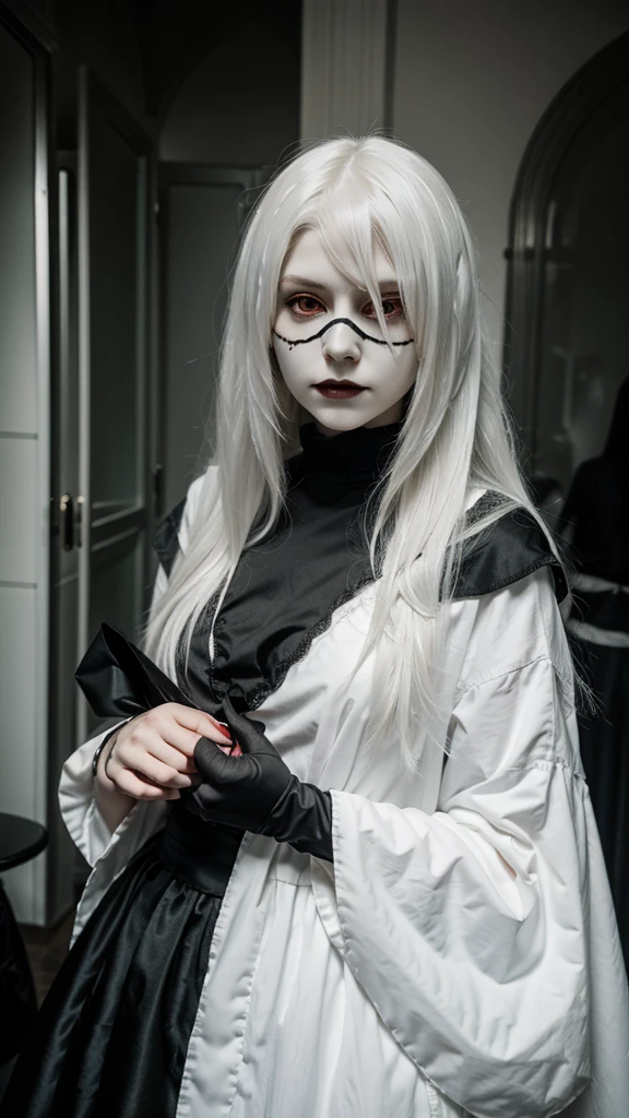 （Hand holding mask：1.5，（White-haired ghost，straight hair，Red eyes，（gothic art，（Fear：1.5，（correct human anatomy：1.37）