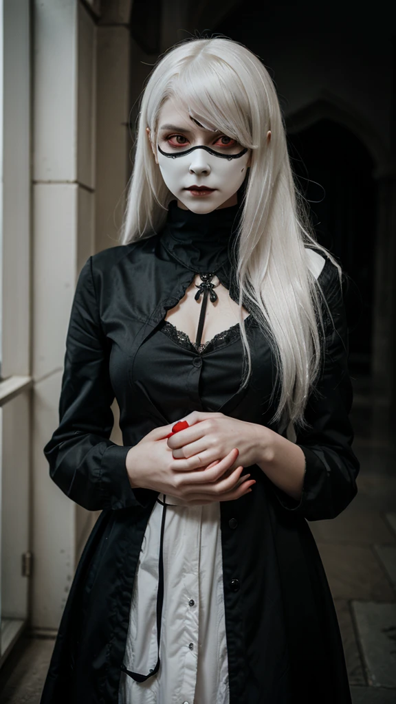 （Hand holding mask：1.5，（White-haired ghost，straight hair，Red eyes，（gothic art，（Fear：1.5，（correct human anatomy：1.37）