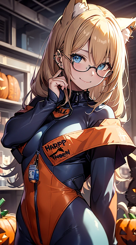 top-quality、Top image quality、in 8K,4K,masterpiece、(NSFW:1.2)、ultra-detailliert、Beautiful、ultra-quality、cute little、Style like a model、girl with(((18year old、cat ear、Halloween Costumes:1.3、zero suit、Bust 92、a blond、Straight hair around the shoulders、Blue eyes、eye glass、Happiness、Ear-piercing)))、hiquality、visualart、Background with((Halloween:1.2))、masutepiece、bustup