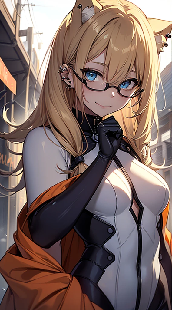 top-quality、Top image quality、in 8K,4K,masterpiece、(NSFW:1.2)、ultra-detailliert、Beautiful、ultra-quality、cute little、Style like a model、girl with(((18year old、cat ear、Halloween Costumes:1.3、zero suit、Bust 92、a blond、Straight hair around the shoulders、Blue eyes、eye glass、Happiness、Ear-piercing)))、hiquality、visualart、Background with((Halloween:1.2))、masutepiece、bustup