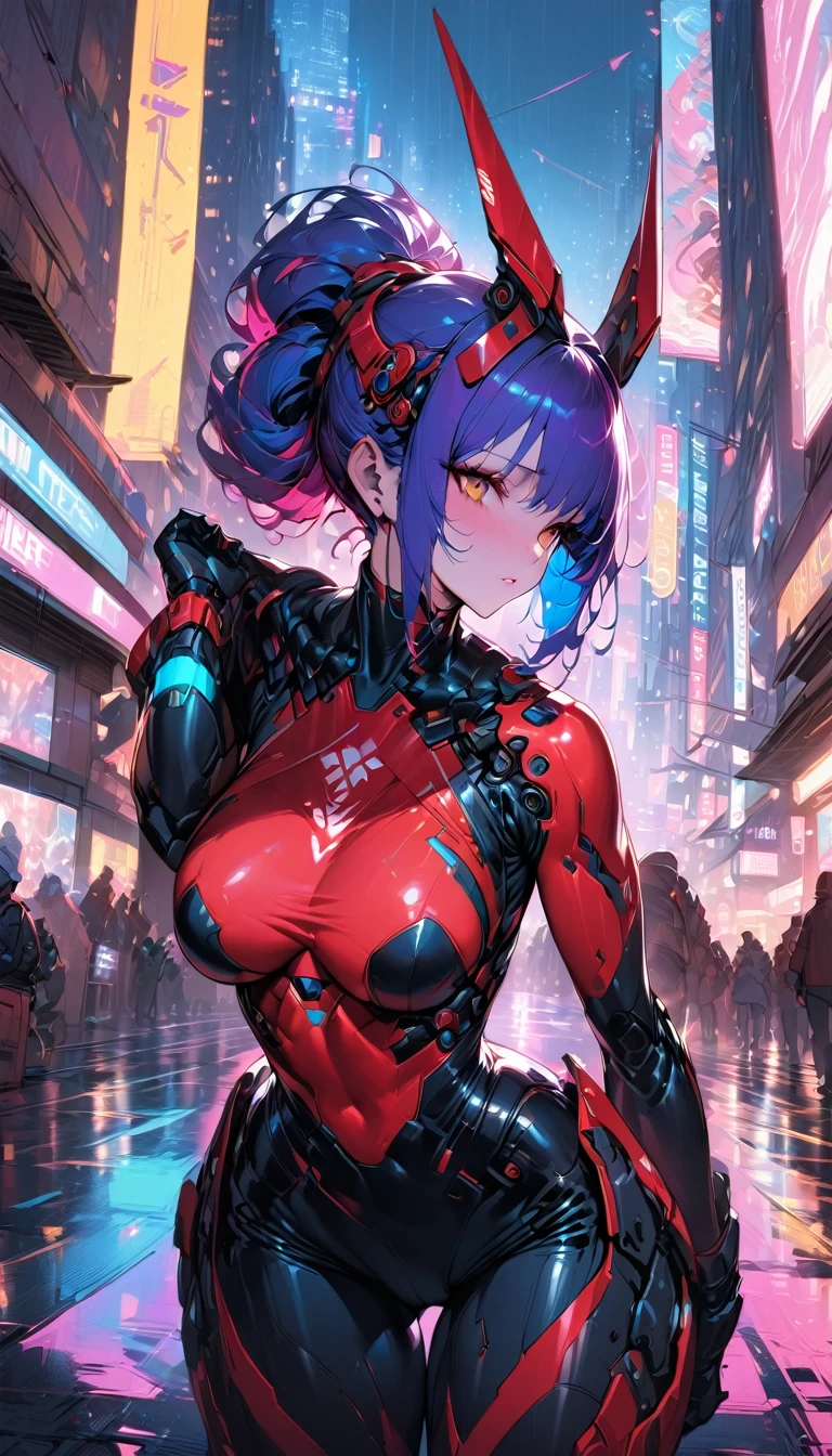 best quality,4k,8k, highres, masterpiece:1.2), extremely detailed eyes, extremely detailed body, (large masterpiece digital art), (detailed manga illustration), (detailed line art), ((perfect anatomy)), (intricate details:1.3), (ultra-detailed:1.3), (illustration:1.3), (sharp focus:1.3), (natural lighting:1.05), (vivid colors:1.3), (masterpiece), (best quality:1.4), (perfect anatomy:1.4), high quality, expressive eyes, full body, tall girl, detailed face, beautiful face, perfect face, breasts, gloves, large breasts, cyberpunk, (black armor), mystic red armor, short hair, ((pale skin)), messy hair, detailed ((dark blue hair)), (honeydew hair), multicolored hair, two-toned hair, detailed eyes, (amber eyes), hourglass physique, mecha musume, fortified suit, mechanical parts, headgear, robot joints, bodysuit, deva battle suit, gloves, thick thighs, toned, emblem, superhero, dynamic lighting, 4k resolution, dynamic pose, weapon, energy weapon portrait, Jeff Bridges, ((cartoon style)), Marvel Cinematic Universe style, (((alien city in the background))), soft bokeh of futuristic city, Atey Ghailan, Jeremy Mann, Greg Manchess, Antonio Moro, trend in ArtStation, trend in CGSociety, Intricate, High Detail, Sharp focus, dramatic and photorealistic painting art by Midjourney and Greg Rutkowski, bokeh in the background