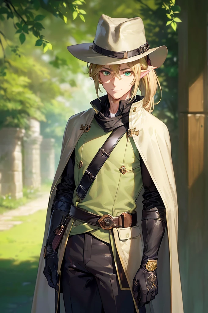 (((masterpiece; best quality: 1.2))), (finely detailed eyes: 1.3), (25 year old elf man), (solo), (green eyes: 1.4), (body; toned, fit, masculine: 1.3), (silky blonde hair in low ponytail: 1.3), (beautiful and clear background: 1.2), ((depth of field)), (equipment: adventurer garb + modest + elegant hunter wide-brimmed hat + dark overcoat + dark long cape + black pants + gloves + belt + pouches: 1.3), (anime illustration: 1.2), (background composition; royal garden: 1.1), (extremely fine and handsome: 1.1), (shot composition; standing + centered on torso + close-up: 1.5), (expression; calm, smile: 1.2)