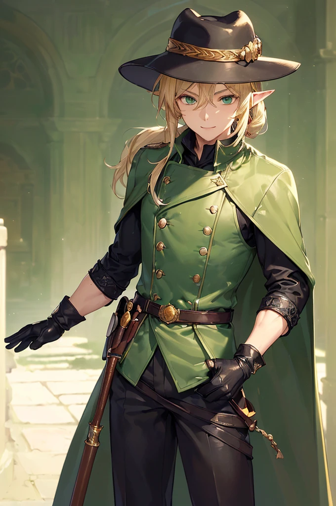 (((masterpiece; best quality: 1.2))), (finely detailed eyes: 1.3), (25 year old elf man), (solo), (green eyes: 1.4), (body; toned, fit, masculine: 1.3), (silky blonde hair in low ponytail: 1.3), (beautiful and clear background: 1.2), ((depth of field)), (equipment: adventurer garb + modest + elegant hunter wide-brimmed hat + dark overcoat + dark long cape + black pants + gloves + belt + pouches: 1.3), (anime illustration: 1.2), (background composition; royal garden: 1.1), (extremely fine and handsome: 1.1), (shot composition; standing + centered on torso + close-up: 1.5), (expression; calm, smile: 1.2)