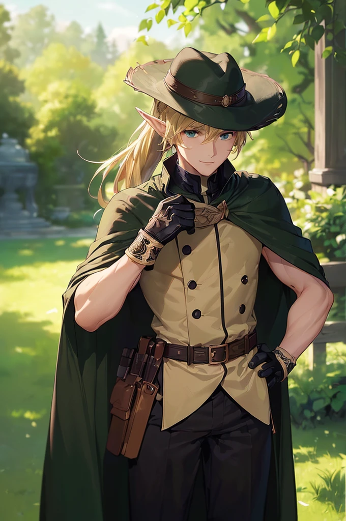 (((masterpiece; best quality: 1.2))), (finely detailed eyes: 1.3), (25 year old elf man), (solo), (green eyes: 1.4), (body; toned, fit, masculine: 1.3), (silky blonde hair in low ponytail: 1.3), (beautiful and clear background: 1.2), ((depth of field)), (equipment: adventurer garb + modest + elegant hunter wide-brimmed hat + dark overcoat + dark long cape + black pants + gloves + belt + pouches: 1.3), (anime illustration: 1.2), (background composition; royal garden: 1.1), (extremely fine and handsome: 1.1), (shot composition; standing + centered on torso + close-up: 1.5), (expression; calm, smile: 1.2)