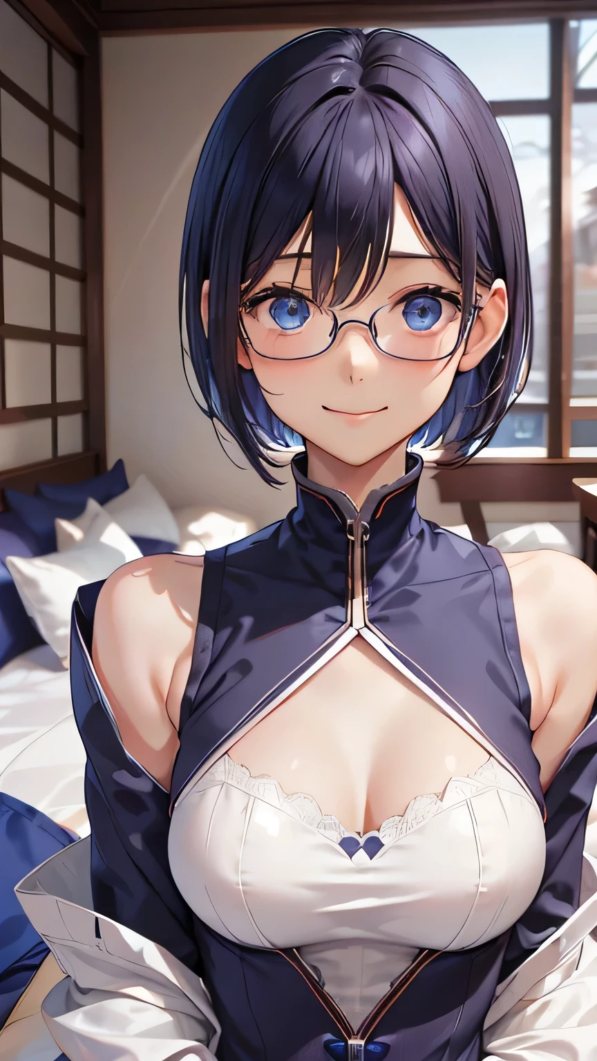 highest quality、Realistic、Women、zoom、Cobalt blue eyes、maroon short hair、Hero Suit、Glossy white bodysuit、Blue and silver accents、lingerie、slender、Dark Skin、Glasses、Japanese-style room、Moonlit Night、Summer blanket、An inappropriate smile、Bust Shot、