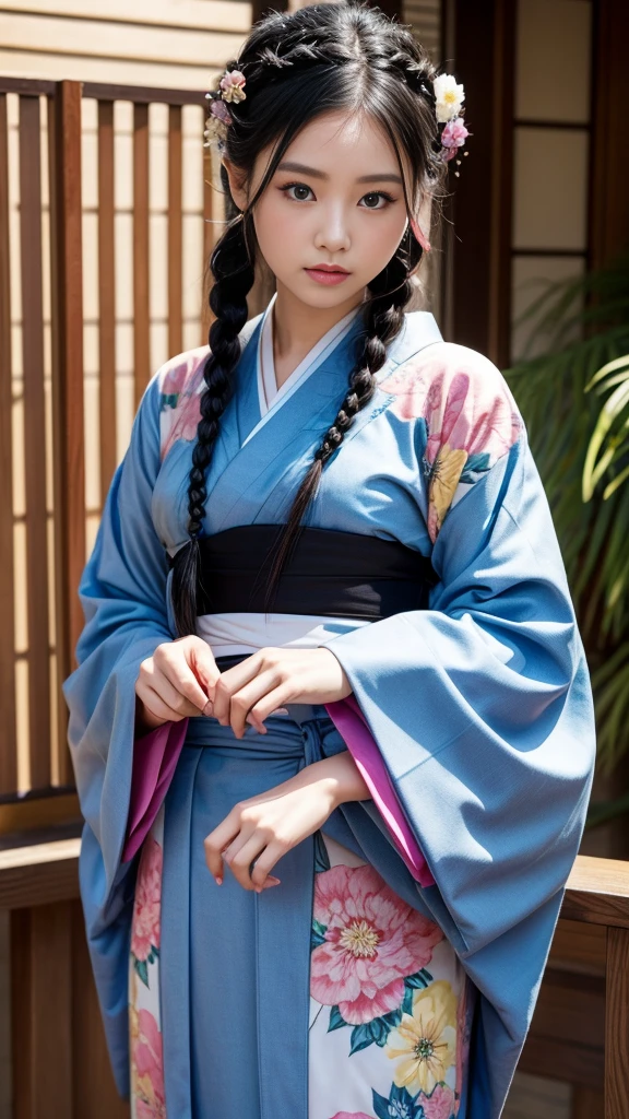 She is a kimono model、Gorgeous floral patterned kimono、Black hair braids、blue eyes、