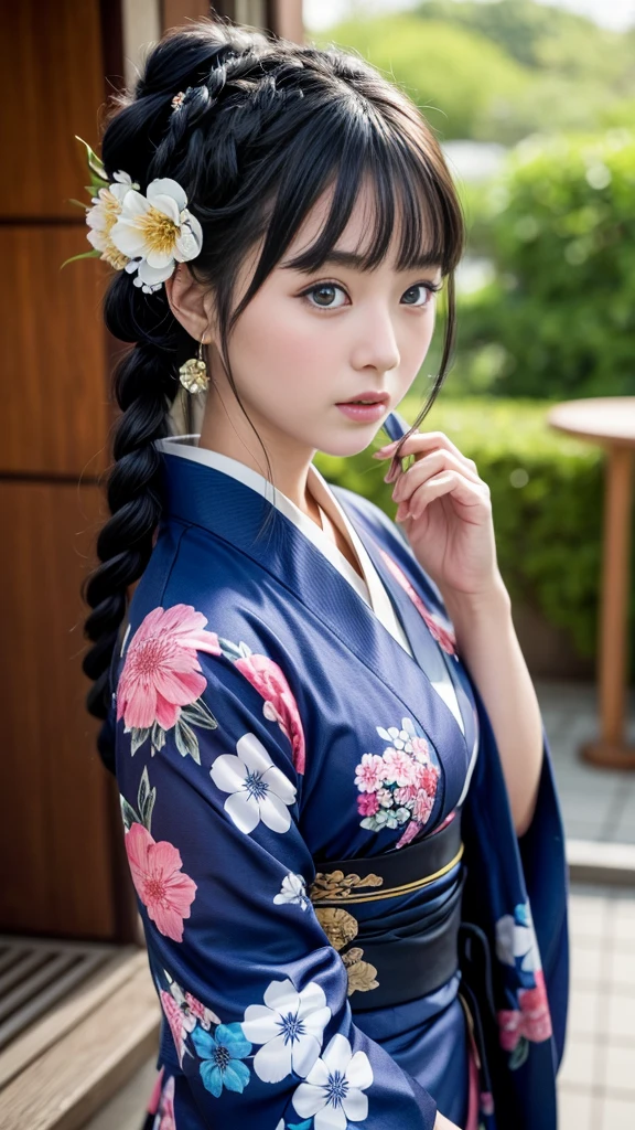 She is a kimono model、Gorgeous floral patterned kimono、Black hair braids、blue eyes、