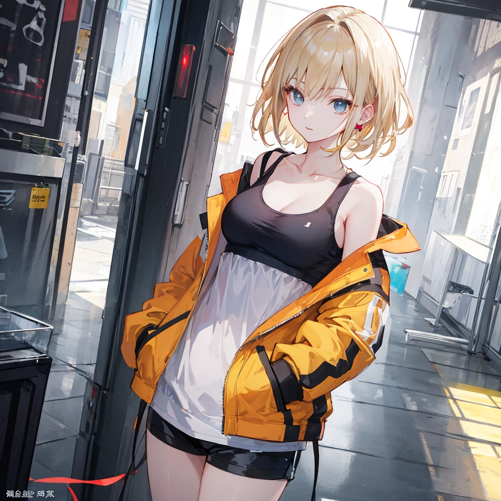 (masterpiece,Highest quality,Anime Style,atmosphere,More Information,CG rendering,Character portrait,Ray Tracing)((woman、woman、Years on、Solo))、Blonde、Light-colored eyes、Wearing a jacket over a tank top、Hands in pockets、Cheerful。