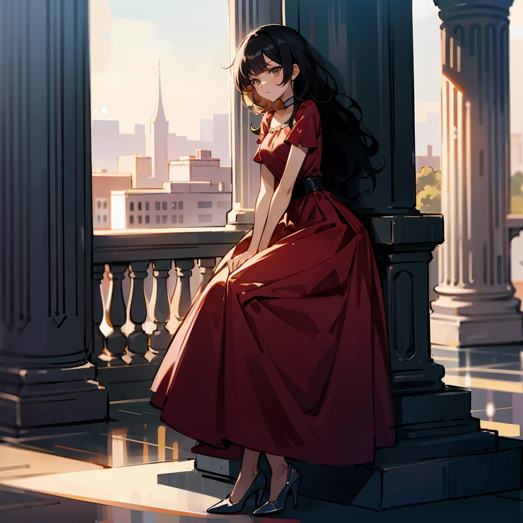 1female, Black Hair, Red Velvet Dress, Wavy Hair, White Heels, Evening Attire, Hazel Eyes, Serious Expression, , High Ranker, Adult Female, Ball Room, Leaning against a Column