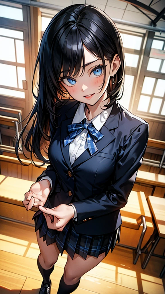 photo of sexy 1girl, tall,leggy,smile,standing in neat rows, in the school gymnasium, wearing NAVY Blazer , long sleeve, WHITE shirt, shiny blue ribbon,pleated tartan_check_mini_skirt, beautiful eyes, shiny black hair,BLACK short socks, full body shot, closeup shot, from front, from below, dutch angle shot, wide view,