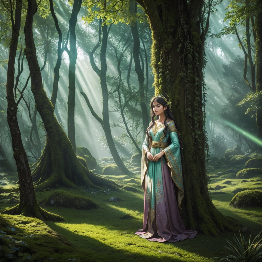 girl, solo, fantasy art, portrait, standing in an enchanted forest, surrounded by ancient trees with emerald, silver, and golden leaves, bioluminescent moss and flowers on the ground, mystical light beams filtering through the canopy, faint mist and whispering wind, small glowing fairies flying around, ethereal atmosphere, soft, radiant skin, flowing hair, detailed facial features, magical and serene expression, intricate and colorful attire, enchanted spring in the background, ancient stone pillars with magical runes, majestic light tree at the center
