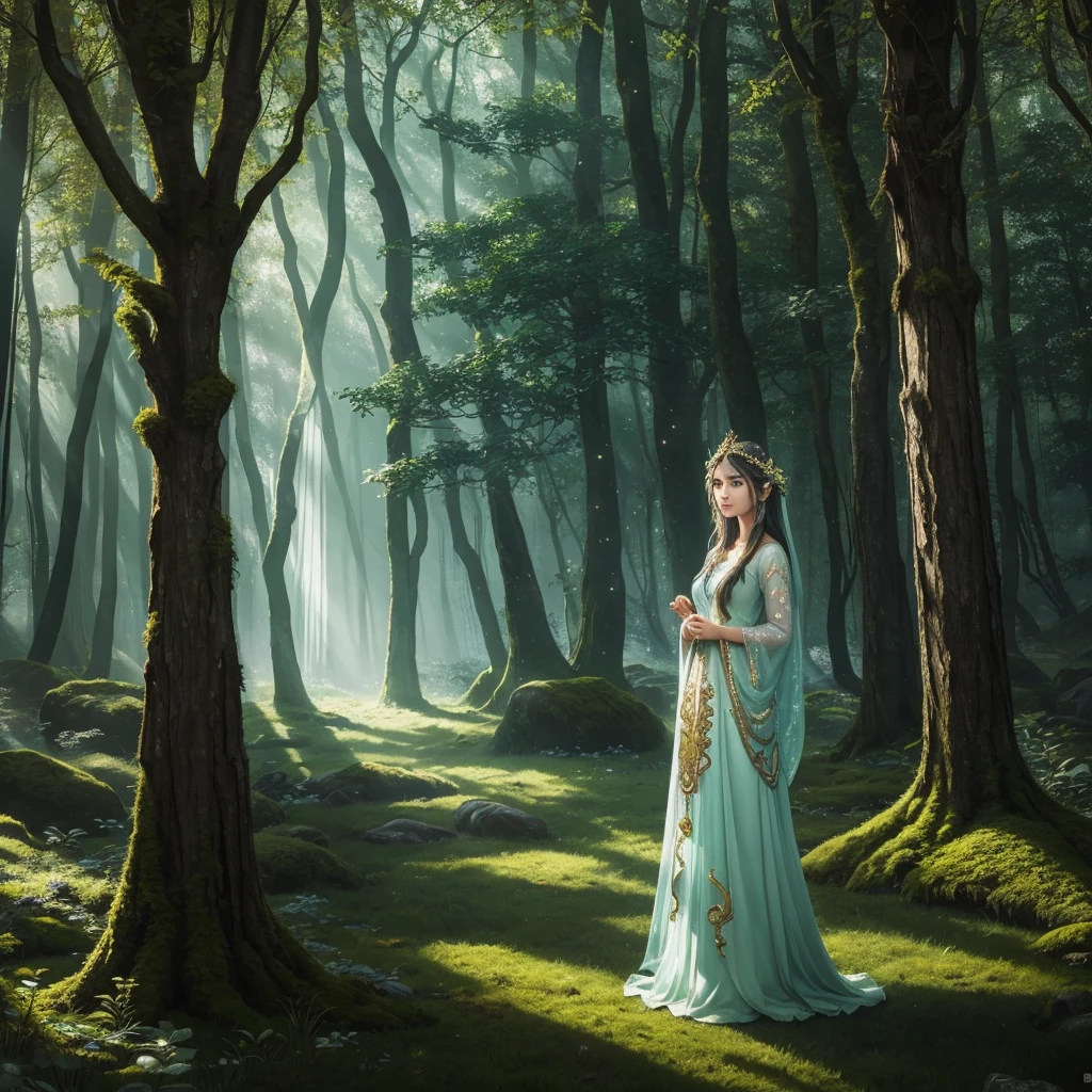 girl, solo, fantasy art, portrait, standing in an enchanted forest, surrounded by ancient trees with emerald, silver, and golden leaves, bioluminescent moss and flowers on the ground, mystical light beams filtering through the canopy, faint mist and whispering wind, small glowing fairies flying around, ethereal atmosphere, soft, radiant skin, flowing hair, detailed facial features, magical and serene expression, intricate and colorful attire, enchanted spring in the background, ancient stone pillars with magical runes, majestic light tree at the center