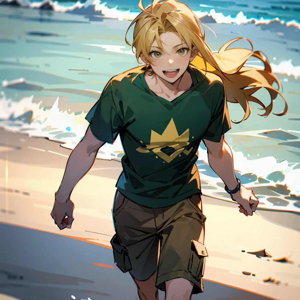 1male, Blonde Hair, Green T-shirt, Straight Hair, Brown Cargo Shorts, Sneakers, Amber Eyes, Laughing, Tall, Regular Ranker, Young Male, Beach, Walking along the Shore