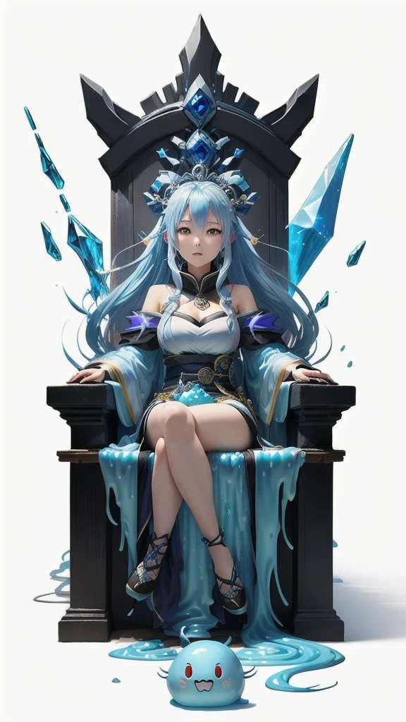 blue haired girl, on a throne outside, ice on her hands