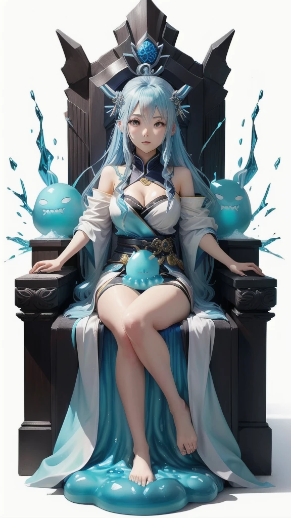anime character Sitting on the throne with a blue hair, Reincarnated as a Slime, tensei shitara slime datta ken, RIMURU tempest, 黒曜石のSitting on the throne, Rimuru Tempest profile shot, Sitting on the throne, Front shot of Rimuru Tempest, On the throne of ice, On the throne of ice座る, Sitting on the throne