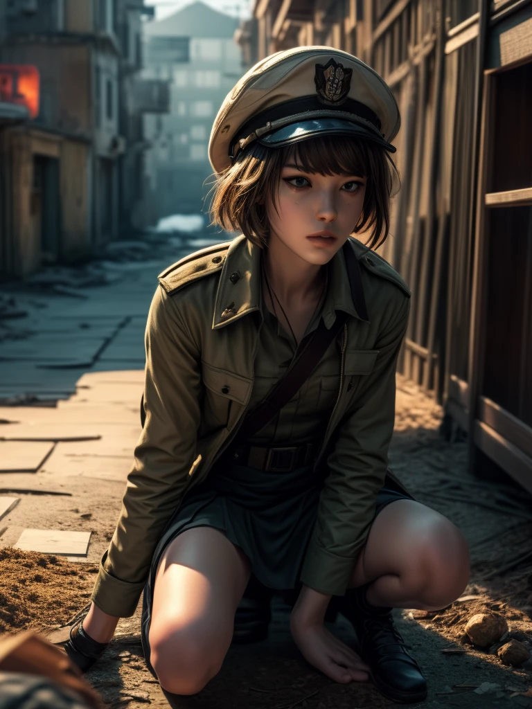 masterpiece, highest quality, (solo focus), diagonal view, (perfect face:1.1), (high detail:1.1), dramatic, 1girl, ((erotic military outfit)), ((cutting edge outfit)), ((earth tone clothes)), skirt, thigh highs, coat tails, peaked cap, kneeling, holding rifle, sniping, aiming gun, solo, ((inguinal ligament)), detailed background, smoldering wasteland, abandoned town, purple embers, near-future, cinematic lighting,