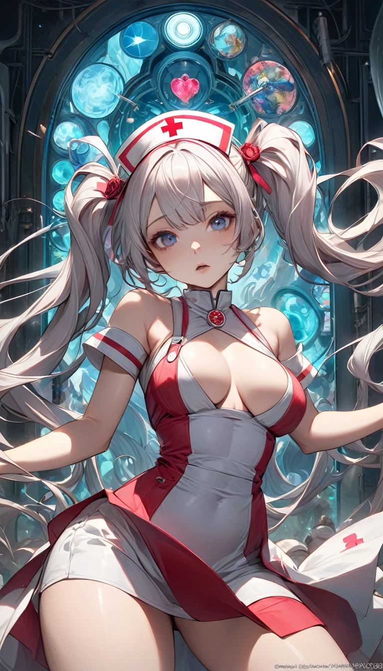 (mad scientist), 8k resolution, masterpiece, Highest quality, Award-winning works, unrealistic, Sexy Womanだけ, healthy body, Age 25, White wavy long hair, hair band, Large, firm, swaying bust, (Crazy Nurse), A terrifying sight, fear, Very detailed, Digital Painting, artステーション, コンセプトart, Smooth, Sharp focus, shape, artジャム、Greg Rutkowski、Alphonse Mucha、William Adolphe Bouguereau、art：Stephanie Law , operating room, Royal Jewel, nature, Full Shot, Symmetric, Greg Rutkowski, Charlie Bowwater, beep, Unreal 5, Surreal, Dynamic Lighting, ファンタジーart, Complex colors, Horrific scenes, Small face, Very delicate look, Delicate eye depiction, Upper body close-up,, erotic, dynamic sexy pose, Sexy Woman, Healthy body, 24-year-old female, doaxvv_Marie Rose, mad nurse, height: 150cm, Twin tails, To flap one&#39;s hair, Glaring at the camera, look up, Creepy Laughter, gone crazy, Bloodshot eyes, Bloody nurse uniform, Tight Skirt, stockings, pumps, Brandishing a scalpel