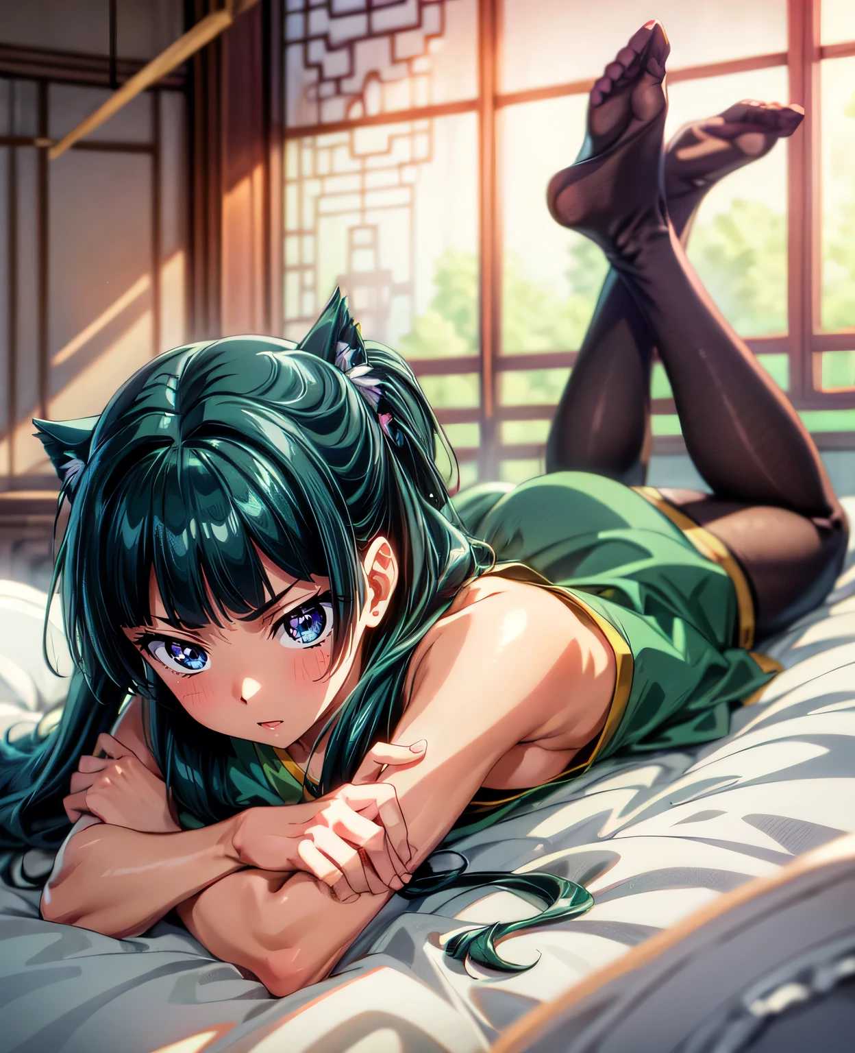 (Masterpiece, High Quality, Top quality, High-Detailed, Detailed CG, Cinematic Shadow, Cinematic Scene, Beautiful Detailed Eyes, Ultra Resolution, Depth of Field, High Resolution, Masterpiece: 1.2), Anime art style, Very detailed, Dynamic Angle, Teen Style, Detailed Green Hair, Detailed Blue Eyes, Slim Body, Cat Ear, Sparkling Eyes, Hair Accessory, Earrings, Slightly Blunt Bangs, Looking at the Audience, (Blush Expression:1.2), (Angry Expression:1.2), (Dark Green Hair), Purple Eye, Five Fingers, Good Composition, Arms, Legs, Feet, Thighs, Medium Breasts, Medium Size Breasts, Blur Background, Chinese Architectures