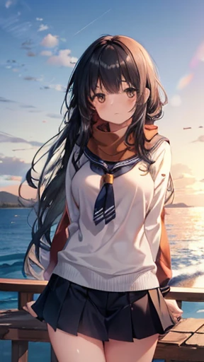 One girl, high school girl, Long Hair, Black Hair, Sailor , Brown eyes, scarf, Sunset Coast, Are standing, Spread her legs wide, Are standing, Looking at the audience,Large Breasts