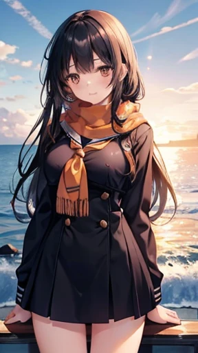 One girl, high school girl, Long Hair, Black Hair, Sailor , Brown eyes, scarf, Sunset Coast, Are standing, Spread her legs wide, Are standing, Looking at the audience,Large Breasts