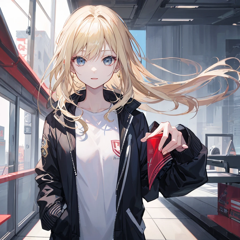 （masterpiece,Highest quality,Anime Style,atmosphere，More Information，CG rendering，Character portrait，Ray Tracing)((woman、woman、Years on、Solo))、Blonde、Light-colored eyes、Wearing a jacket over a shirt、Hands in pockets、Cheerful。