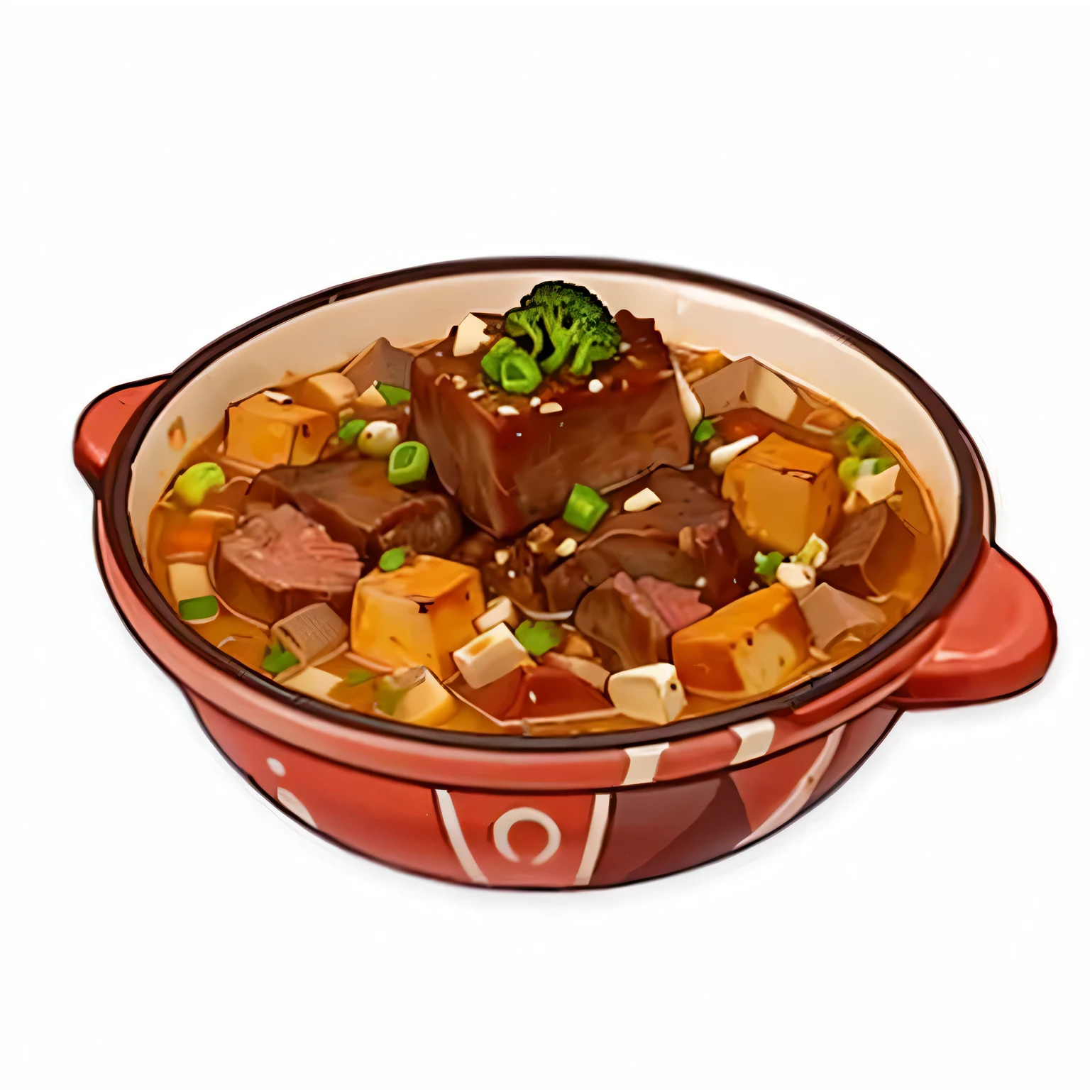 there is a bowl of stew with meat and vegetables in it, stew, pot-bellied, Map tofu cartoon, pot, Fleshy, Game Icon Assets, Wow, boiling, Detailed game art, beef, cooking, Game assets, Object Art, bowl filled with food, unknown, mobile Game assets, Inspired by Okada Kitasanjin