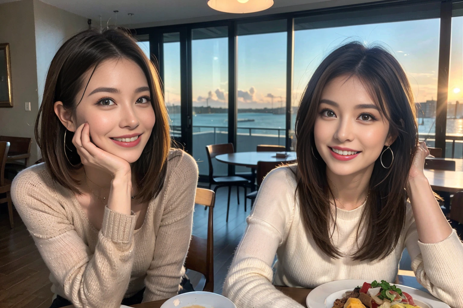 (Realistic:1.1),(masterpiece,Highest quality),8k,(45 years old), 42 years old, slimカップル、Model Couple、actress/actor、Tight waist,Upper Body,full-course dinner、wine 、Amazing view of the sunset sky and clouds、Perfect Anatomy, Brown Hair, short hair,Random Hairstyles,((Highly detailed face and eyes:1.2))(cute顔:1.4),美しいactressの顔,Perfect golden ratio face,Long sleeve shirt、dress,(smile:1.2)、Shortcuts、cute、(Realistic, Intricate details:1.2), A bright smile、short hair,Bright Face、赤wine 、Appetizers、Italian food、wine bottle、Champagne、スパークリングwine、(slimな顔), (The body is slim), (Brown Hair), (Shortcuts), Upper Body, 白wine, slim, wineグラス,