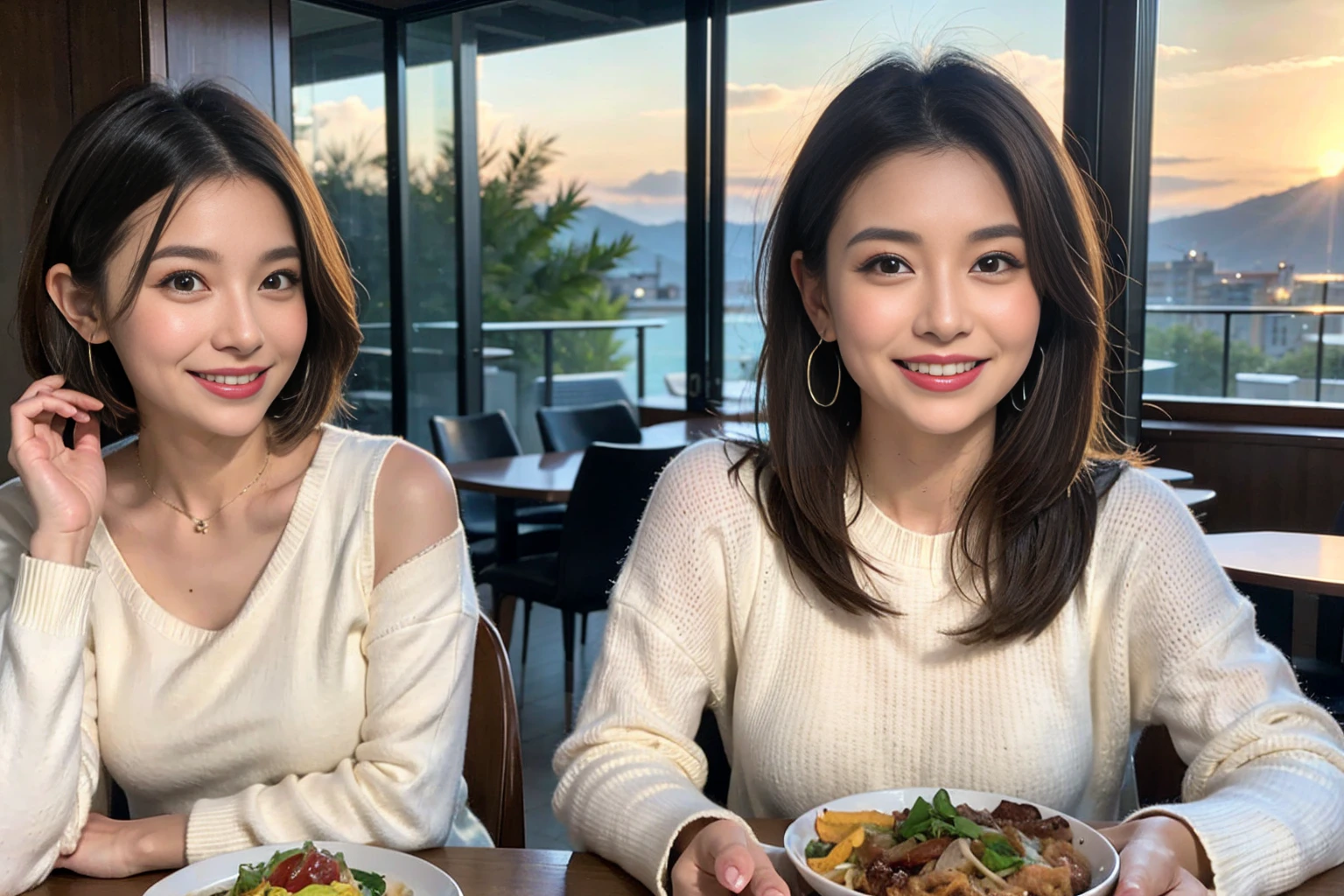 （Realistic:1.1）,(masterpiece,Highest quality)，8k,(45 years old), 42 years old, slimカップル、Model Couple、actress/actor、Tight waist,Upper Body,full-course dinner、wine 、Amazing view of the sunset sky and clouds、Perfect Anatomy, Brown Hair, short hair,Random Hairstyles,((Highly detailed face and eyes:1.2))(cute顔:1.4)，美しいactressの顔，Perfect golden ratio face，Long sleeve shirt、dress,(smile:1.2)、Shortcuts、cute、(Realistic, Intricate details:1.2), A bright smile、short hair,Bright Face、赤wine 、Appetizers、Italian food、wine bottle、Champagne、スパークリングwine、(slimな顔), (The body is slim), (Brown Hair), (Shortcuts),  Upper Body, 白wine, slim, wineグラス, 