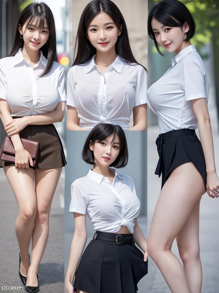 Highest quality、masterpiece、8k、Very detailed、Realistic、Three girls are photographed together、Looking at me with a smile、Black Hair、Short Hair、Small face、Slender、Big Breasts、Thin and beautiful legs、narrow and constricted waist,、((Open center tight shirt:1.5))、Tight Skirt、Dressed like a female teacher、(Erect nipples:1.2)