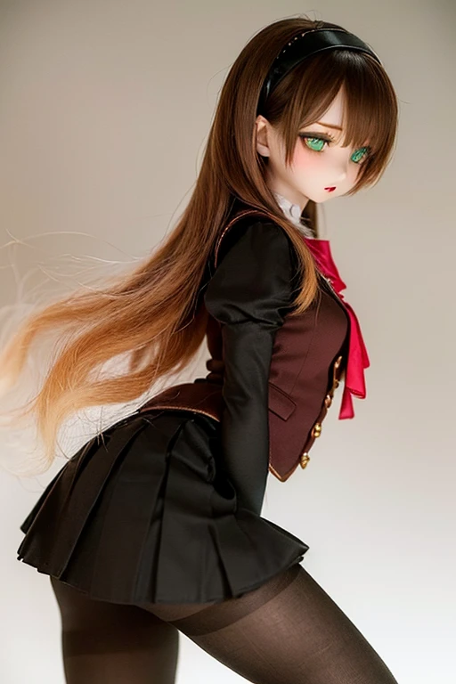 (SFW:2), photorealistic, realistic photo, 8k, ((highest quality)), ((masterpiece)), (extremely detailed), kukolnydom, doll, (mature woman, 22yo, 22 years old, solo:1.6), (profile, from side, standing, slim, slender, skinny, medium breasts, hairband, ascot, vest, blouse, long puff sleeves, pleated skirt, black pantyhose, green eyes, brown hair, long hair, plastic skin, looking at another, glass eyes, gradient eyes, shining eyes, detailed eyes:1.3)