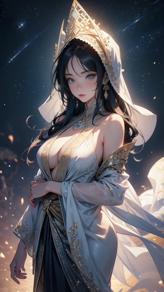 (1girl, asian), (long shawl), (big breast, big nipple), (detail eyes), 4k, very detailed, amazing quality, intricate, cinematic light, highly detail, surreal, dramatic, realistic, galaxy fantasy colors, unique perspective, (panorama). beautifull, dynamic, majestic,
Create a captivating and visually stunning image, standing on the edge of a mystical glowing, ((masterpiece)), (hijab:0.5), (pasmina)