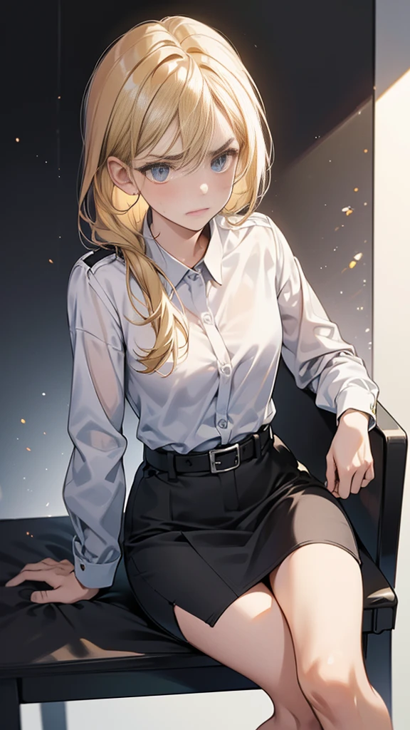 {{masterpiece}}, {{{Highest quality}}},{{Very detailed}},{{{from below}}}、{{{View from below}}}、{{{Low - Angle}}}Spread your legs,{{Blonde female police officer sitting on a chair}}Pencil skirt with slits,belt Black leggings,Black tights,Small breasts Black underwear、Thin legs Black long sleeve police uniform,Sitting in a chair in an office with a serious expression,Focus on legs{{{Sitting in a chair in an office with a serious expression成熟した女性}}},{{疲労でSweatをかいている成人女性}},Sweat,Hold the arm with one hand ,sit,{{Blushing}},{{V-shaped eyebrows}}},{{{}},{椅子にsit}},{},, ,{{}},,,{{}},{{}},,Slender body}}{{Female police officer}},,blush,Wrinkles ,amount,Grit your teeth,suffering,v-shaped eyebrows.,Sweat dripping ,get annoyed,,Inside the office,