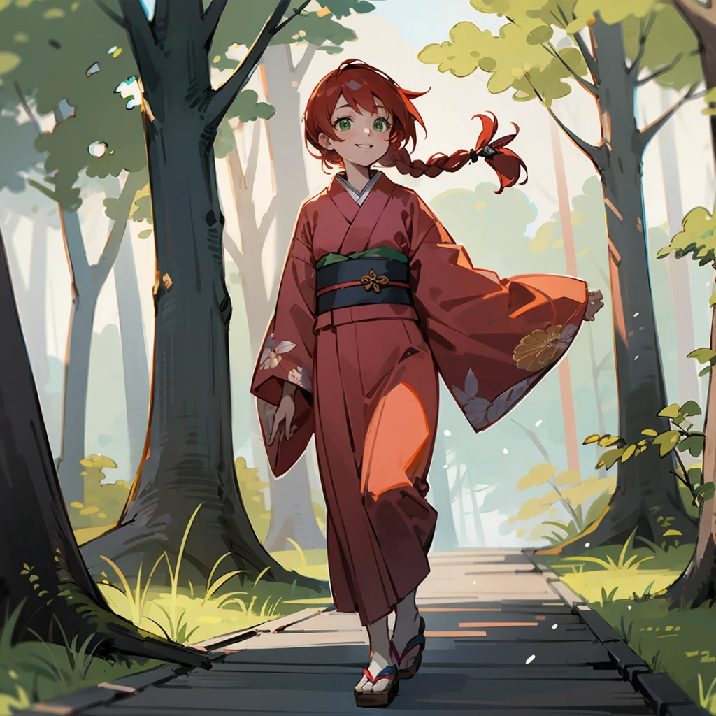 1female, Red Hair, Pink Kimono, Braided Hair, Wooden Sandals, Traditional Attire, Green Eyes, Smiling, Slim, Fisherman, Adult Female, Forest, Walking through the Trees