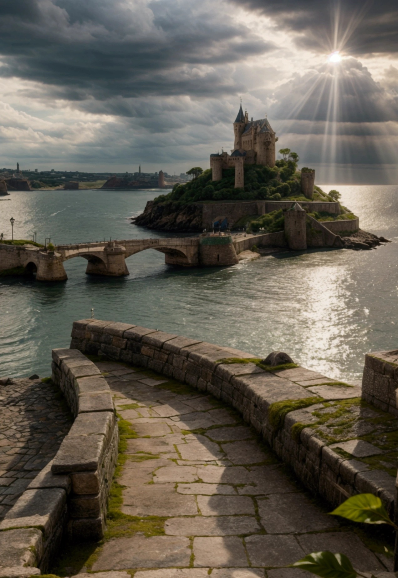 A medieval city with a fortress and a castle with a green flag on a cool rocky shore, with cloudy weather, and a pier with ships