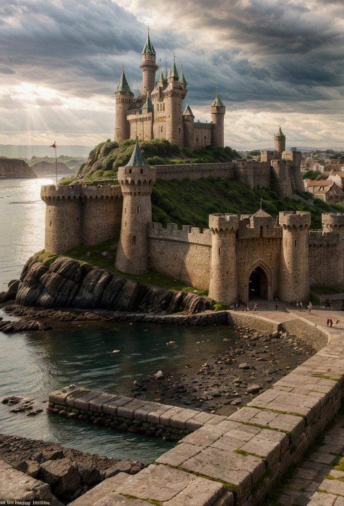 A medieval city with a fortress and a castle with a green flag on a cool rocky shore, with cloudy weather, and a pier with ships