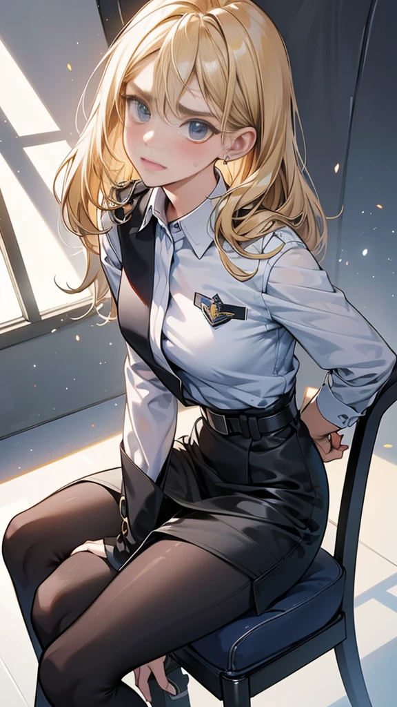 {{masterpiece}}, {{{Highest quality}}},{{Very detailed}},{{{from below}}}、{{{View from below}}}、{{{Low - Angle}}}Spread your legs,{{Blonde female police officer sitting on a chair}}Pencil skirt with slits,belt Black leggings,Black tights,Small breasts Black underwear、Thin legs Black long sleeve police uniform,Sitting in a chair in an office with a serious expression,Focus on legs{{{Sitting in a chair in an office with a serious expression成熟した女性}}},{{疲労でSweatをかいている成人女性}},Sweat,Hold the arm with one hand ,sit,{{Blushing}},{{V-shaped eyebrows}}},{{{}},{椅子にsit}},{},, ,{{}},,,{{}},{{}},,Slender body}}{{Female police officer}},,blush,Wrinkles ,amount,Grit your teeth,suffering,v-shaped eyebrows.,Sweat dripping ,get annoyed,,Inside the office,