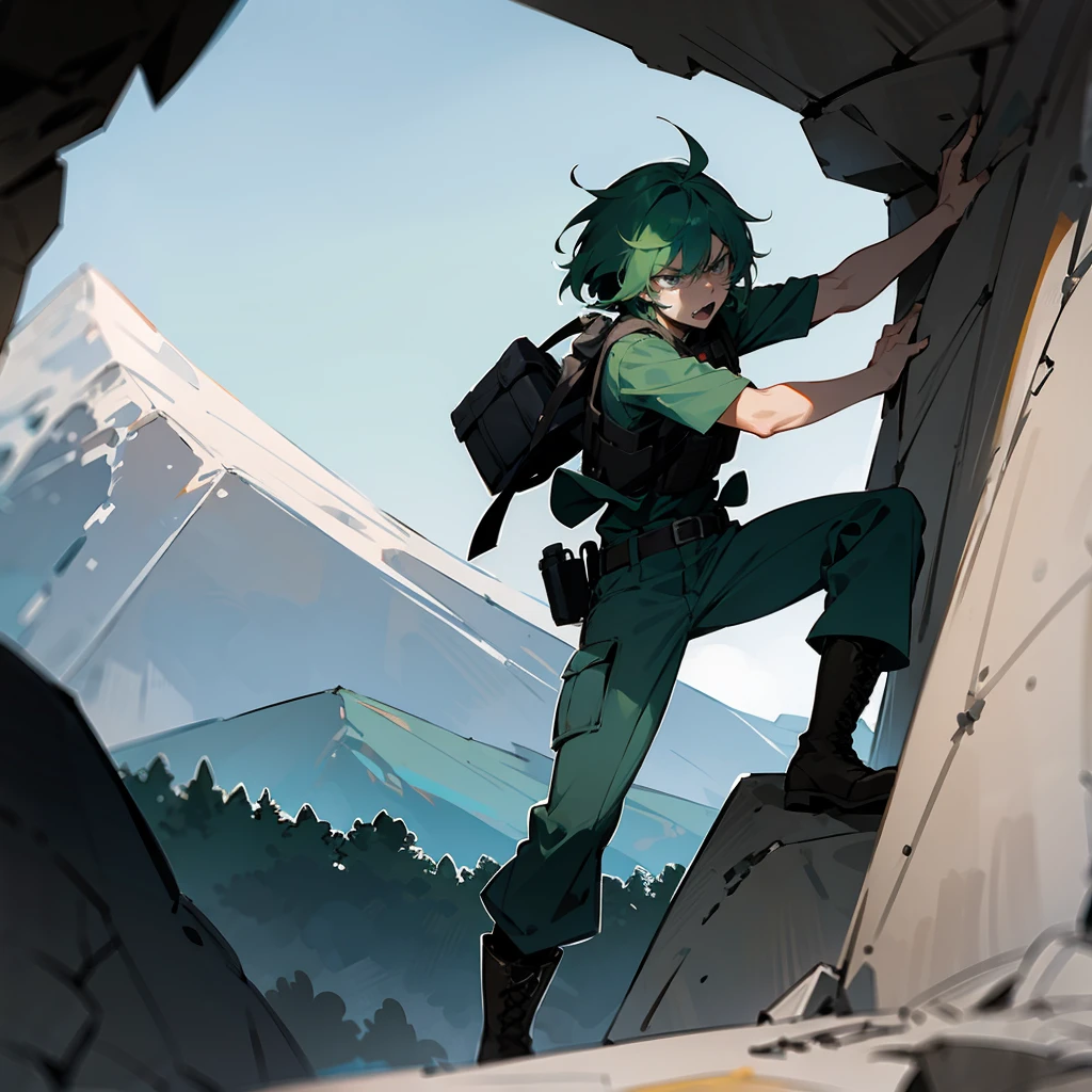 1male, Green Hair, Black Tactical Vest, Shaggy Hair, Grey Cargo Pants, Combat Boots, Grey Eyes, Angry Expression, Average Build, Scout, Adult Male, Mountain, Climbing a Rock Face