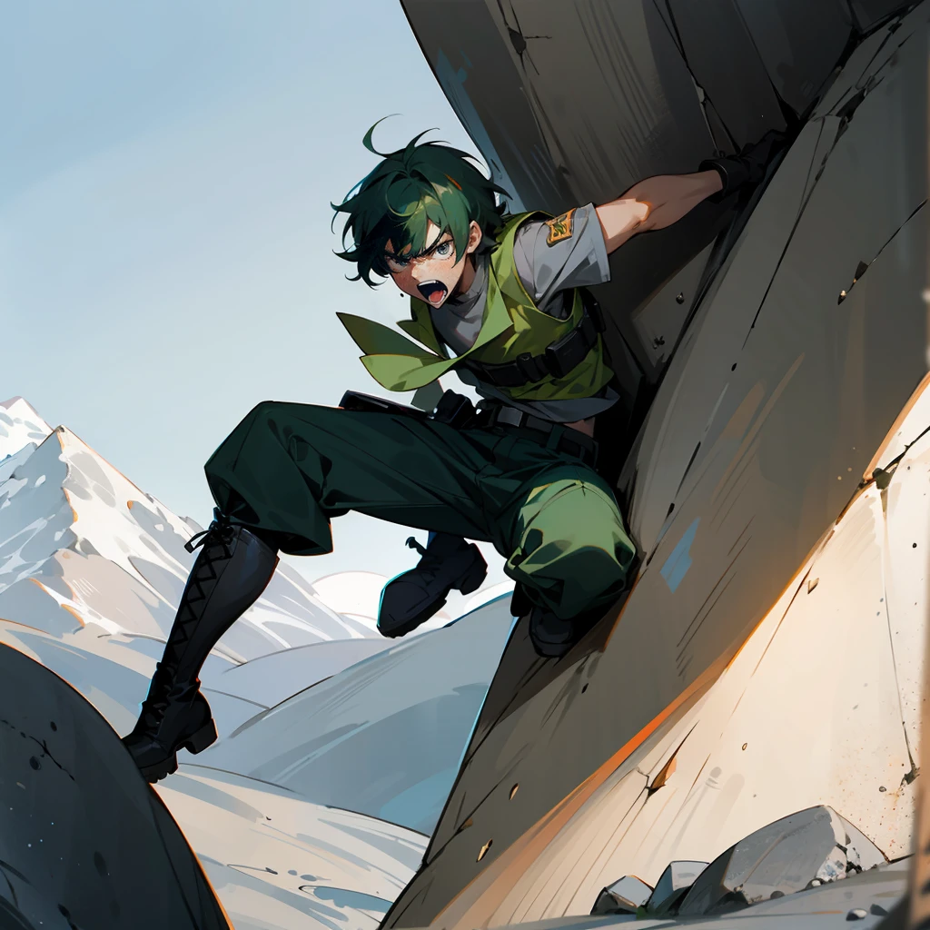 1male, Green Hair, Black Tactical Vest, Shaggy Hair, Grey Cargo Pants, Combat Boots, Grey Eyes, Angry Expression, Average Build, Scout, Adult Male, Mountain, Climbing a Rock Face