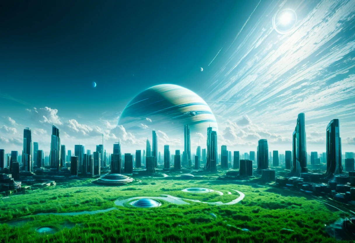 create the vision of a perfect planet with a surface with trimmed and vast green garden grass on the surface, there are ultra-modern buildings and cities on the surface, sky with daytime space and dense atmosphere light blue color,  surreal image, There is the planet Saturn with its beautiful rings seen from the surface in the sky through the dense atmosphere, clear atmosphere with transparent clouds , the planet is immense and is setting on the horizon, cyberpunk style from a distance, space is clear and you can only see the silhouette of one side of the planet through the dense atmosphere, clear total, clear horizon, penumbra, as realistic as possible, bright environment without light without sun, starry sky. there&#39;s a space cruiser soaring in the sky.
