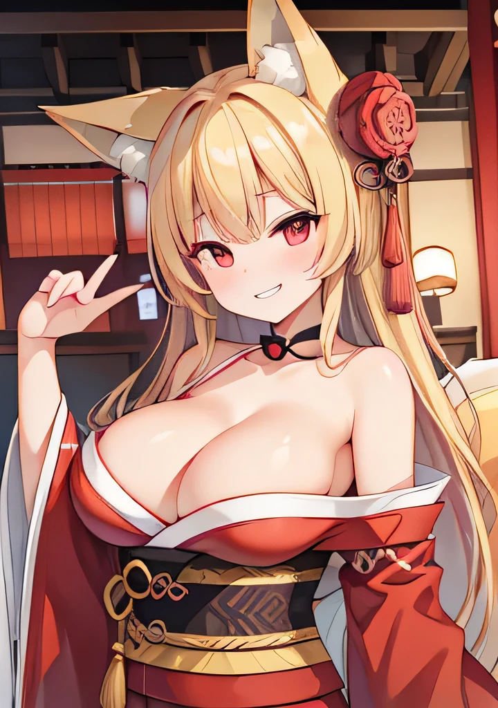 8k、Highest quality、high resolution、Big Breasts、Cleavage、Fox ears、Long blonde、Red Eye、kimono、slouch、Japanese-style room、Grinning