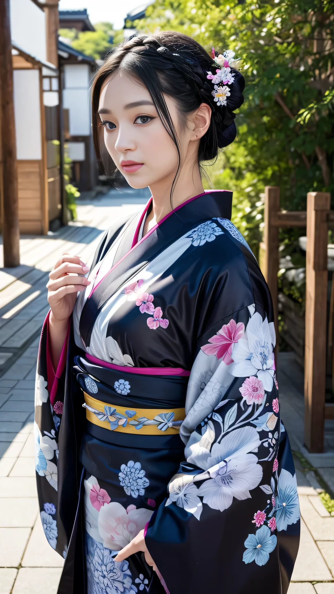 She is a kimono model、Gorgeous floral patterned kimono、Black hair braids、blue eyes、