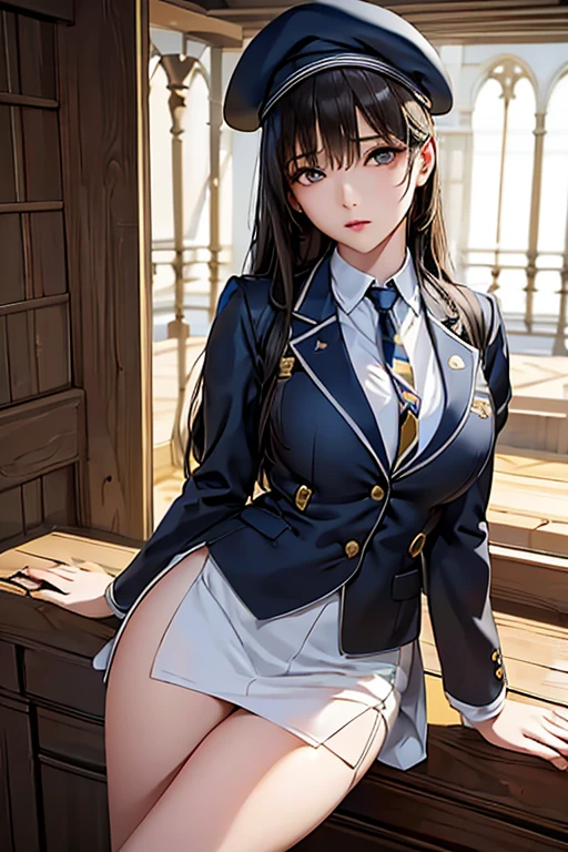 1girl,((Smooth, long brown hair fluttering in the wind,Green Eyes)),((masterpiece,Very realistic,A detailed anime wallpaper:1.4)),((Perfect Anatomy:1.2)),Cute symmetrical face,CG Unity 8k,((White Blazer Uniform,Black tie,pleated micro mini skirt,White thigh-high socks)),8K quality,Extremely sophisticated digital art,((Looking to the side and touching her hair with one hand:1.35)),Perfect cute girl,Looking at the camera with a gentle smile,A soothing smile,Very large breasts,Extremely detailed hair and face,Artistic pastel art,A pier with a beautiful night view of the big city,Fresh breeze,Professional Lighting,Supermodel,((Light blue lace side tie panties:1.08))